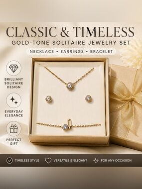 Classic Gold-Tone Solitaire Jewelry Set - earrings necklace and bracelet